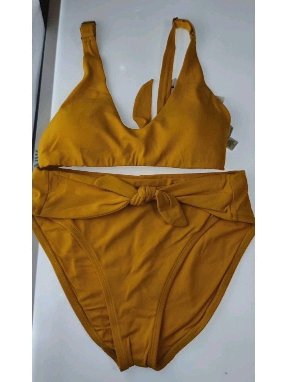 Robin Piccone Mustard Yellow Tie Front Bandeau Bikini Set NWT Size M
